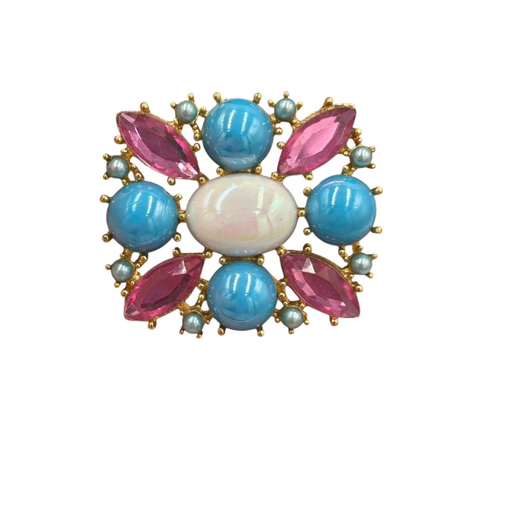 Vtg Cabachon Brooch Gold Tone Pink Blue White Easter Spring Pastel Colorful - Picture 7 of 7